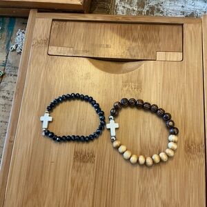Beaded Cross Stretch Bracelets - Wood & Iridescent